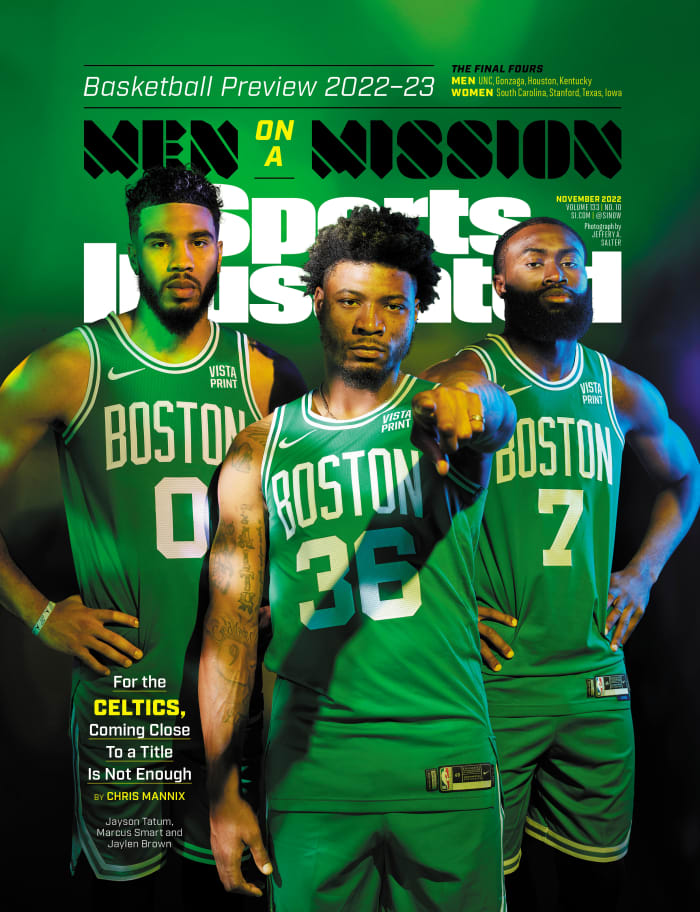 Celtics players Jayson Tatum, Marcus Smart and Jaylen Brown.